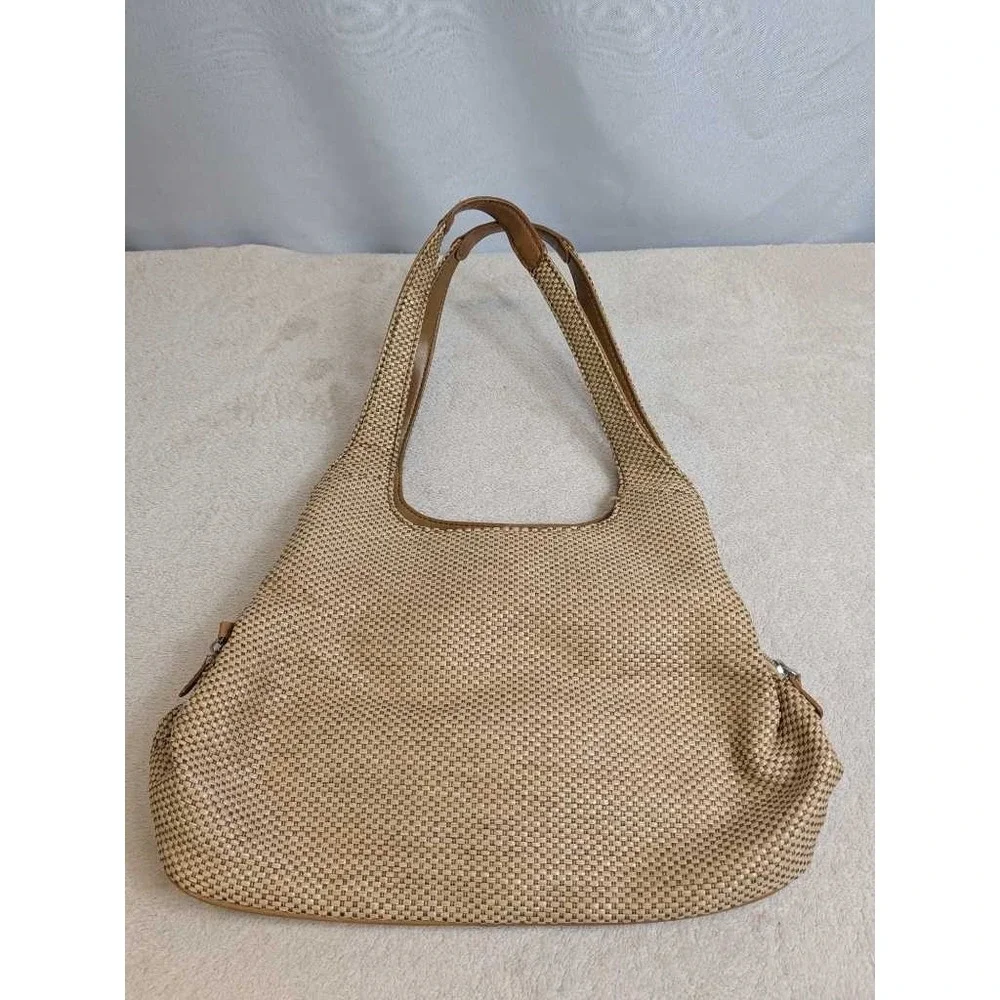 Croft & Barrow Woven Shoulder Bag Tan‎ Brown Leather Trim Everyday Hobo Purse